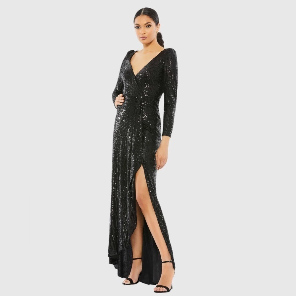 Mac Duggal 26395 NWT Sequined Faux Wrap Long Sleeve Gown